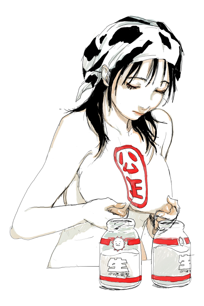 bandana bangs black_hair bottle breasts closed_mouth female highres looking_down milk_bottle nipple_tweak nipples ryuko_azuma short_hair simple_background sketch solo