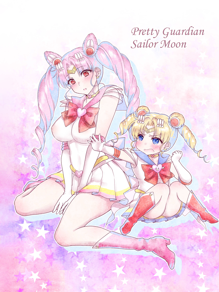 2girls abe_hikaru age_switch aged_down aged_up big_breasts bishoujo_senshi_sailor_moon blush boots breast_growth breasts chibi_usa clothed clothing collar confused confusion erect_nipples erect_nipples_under_clothes female female_only gloves hair_ornament hairbun huge_breasts jewelry large_breasts leotard long_gloves long_hair medium_breasts mother_and_daughter pink_hair pleated_skirt red_eyes ribbon sailor_chibi_moon sailor_collar sailor_fuku sailor_moon sheer short_skirt skirt tiara tight_clothing twintail usagi_tsukino