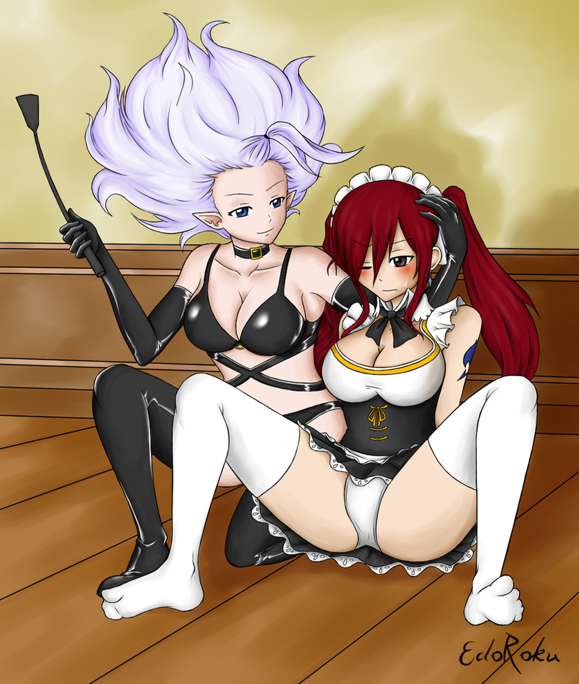 2girls apron black_bra black_panties blue_eyes bra breasts brown_eyes choker dominatrix edoroku elbow_gloves erza_scarlet fairy_tail gloves hand_on_head holding_riding_crop holding_whip kneeling large_breasts long_hair maid maid_apron maid_headdress maid_uniform mirajane_strauss panties red_hair riding_crop sitting slave tattoo tattoo_on_arm thighhighs twintails upskirt whip white_hair white_panties wooden_floor yuri