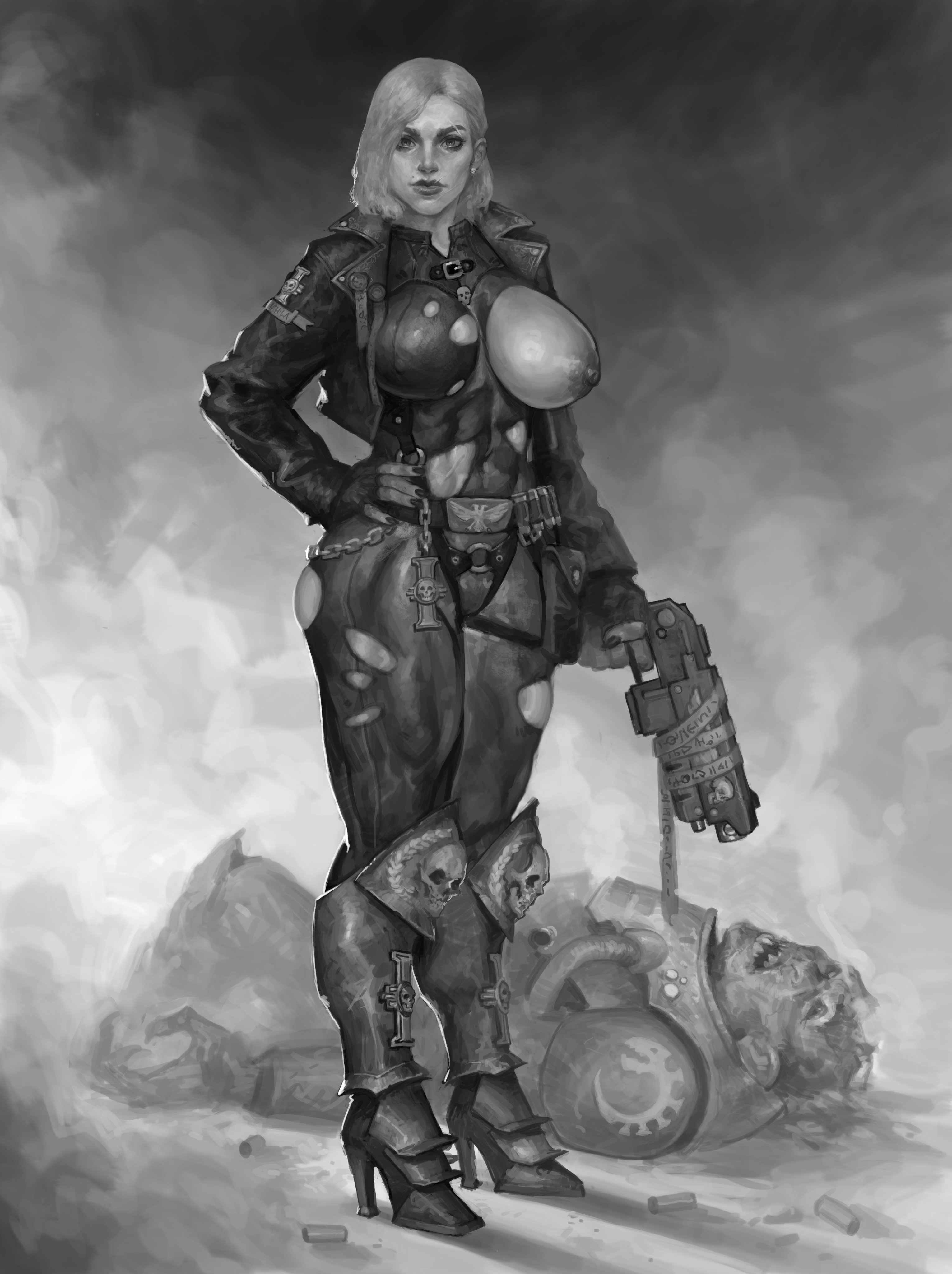 adepta sororitas, alternate version at source, alternate version available, areola, areola slip, areolae, areolae slip, areolae visible through clothing, armor, armored boots, armored female, artistic, artistic nude, big breasts, bodysuit, breasts, breasts out of clothes, curvaceous, curvaceous female, curvaceous figure, curves, curvy, curvy body, curvy female, curvy figure, curvy hips, curvy thighs, female, genestealer, greyscale, huge breasts, imperium of man, inquisition (warhammer 40k), justsomenoob, large breasts, monochrome, muscular, muscular female, muscular thighs, nipples visible through clothing, nonsexual, nonsexual nudity, one breast out, pinup, ripped clothing, ripped pants, sister of battle, solo, solo female, solo focus, thick legs, thick thighs, torn clothes, torn clothing, variant, variant set, voluptuous, voluptuous female, wardrobe malfunction, warhammer (franchise), warhammer 40k, wide hips