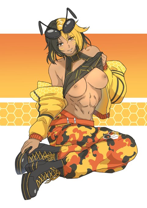 abs avispa_nectarinia black_hair breasts_out breasts_out_of_clothes face_markings large_breast large_breasts looking_at_viewer midriff pulling_clothing shoulders sitting sitting_on_floor tomboy two_tone_hair undressing yellow_hair