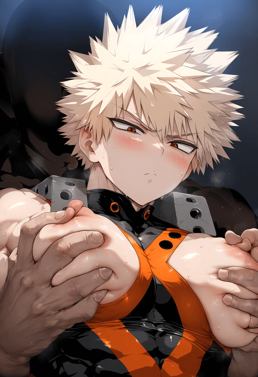 ai_generated aru_(pixiv1293902) blonde_hair blush captured_hero gay hero_outfit_(mha) katsuki_bakugou male male/male male_boobs male_focus male_only muscular muscular_male my_hero_academia nipple_play nipple_tweak nipples pecs pecs_grab pectorals red_eyes superhero tight_clothing touching_pecs yaoi