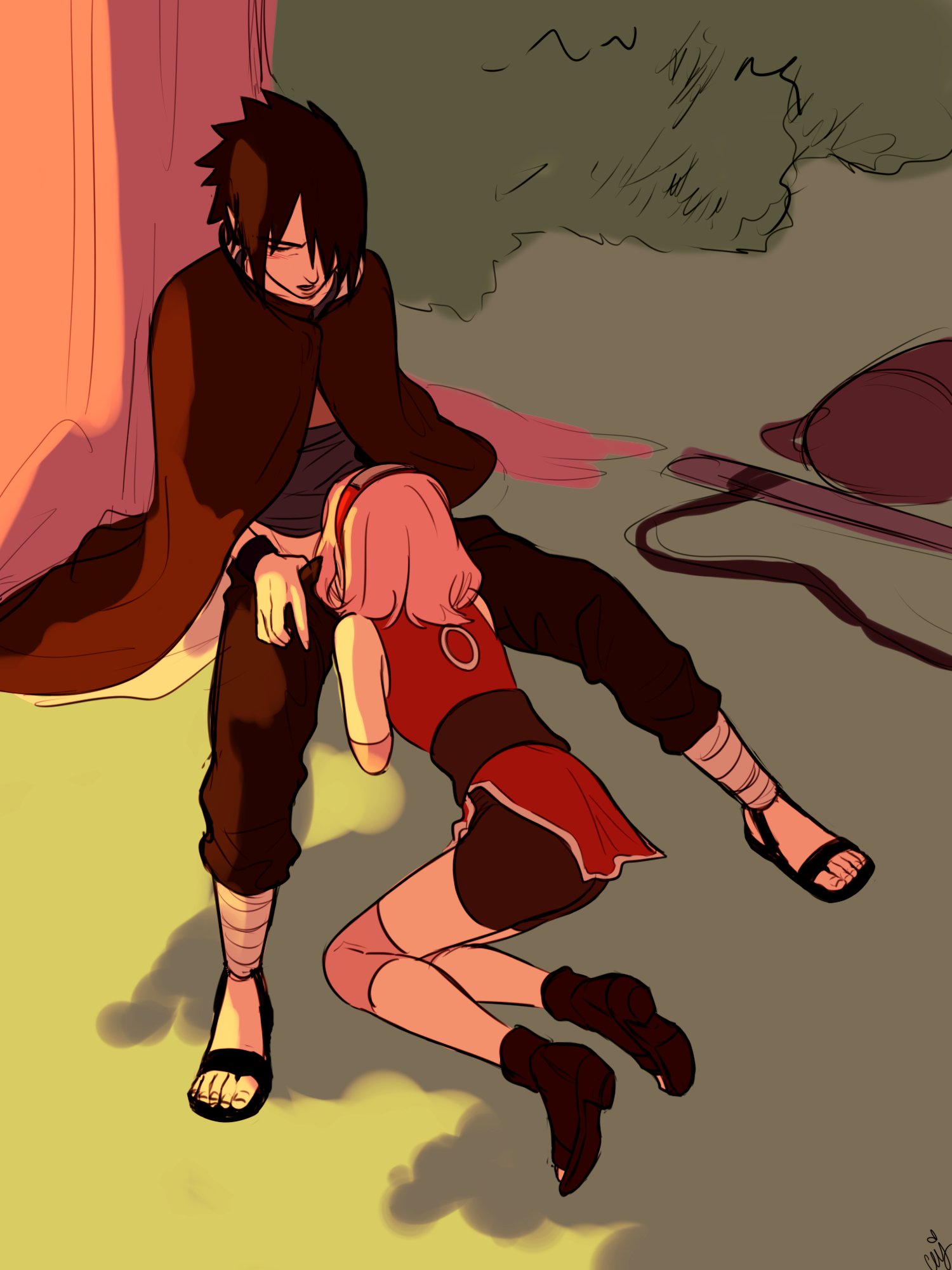 1boy, 1girls, against tree, black hair, blowjob, blush, ceejss, clothed, clothed sex, clothing, female, forest, human, implied fellatio, implied sex, male, naruto, naruto (series), naruto shippuden, naruto: the last, oral, oral sex, outdoors, outside, penis, pink hair, sakura haruno, sasuke uchiha, shorts, sucking penis