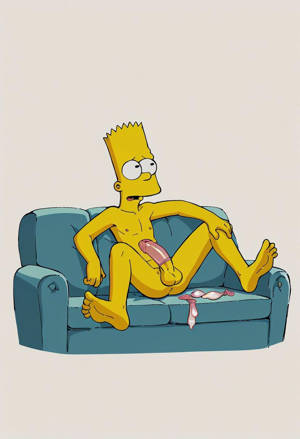 1boy ai_generated balls bart_simpson commentary_request condom condom_on_penis dirty erect_penis erection filled_condom gray_background hairless_testicles huge_glans male_focus male_only no_pubic_hair p0k3cock pink_condom sitting spread_legs tagme testicles the_simpsons used_condom wearing_condom