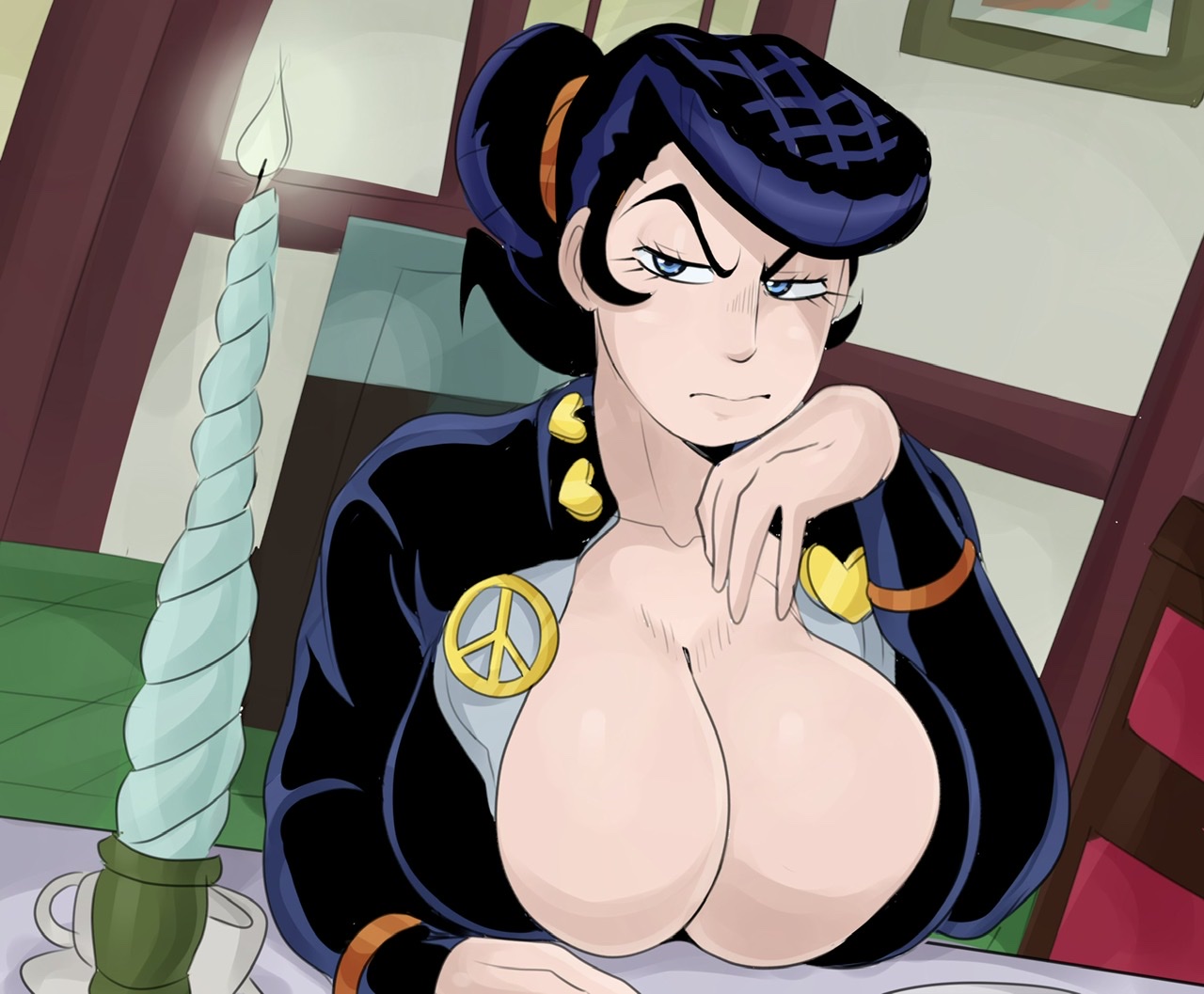 1girls, big breasts, breasts, cleavage, detnox, diamond is unbreakable, female, frown, huge breasts, human, jojo's bizarre adventure, josuke higashikata, light skin, light-skinned female, looking away, restaurant, rule 63, shounen jump, solo