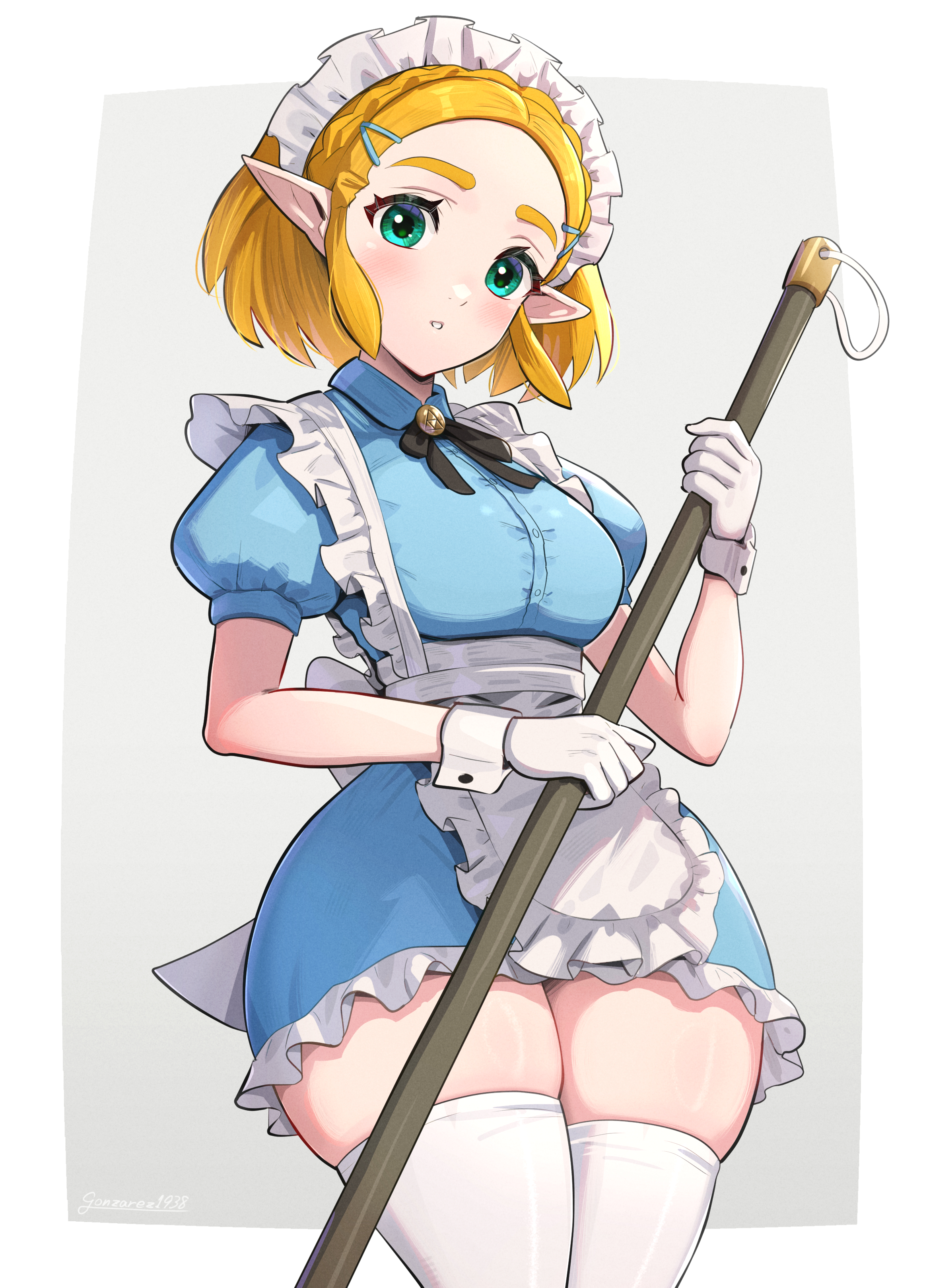 1girls, apron, blonde hair, broom, female, gloves, gonzarez, green eyes, hairclip, looking at viewer, maid, maid apron, maid headdress, maid uniform, nintendo, pointy ears, princess zelda, ribbon, short hair, solo, tears of the kingdom, the legend of zelda, thighs, zelda (tears of the kingdom)