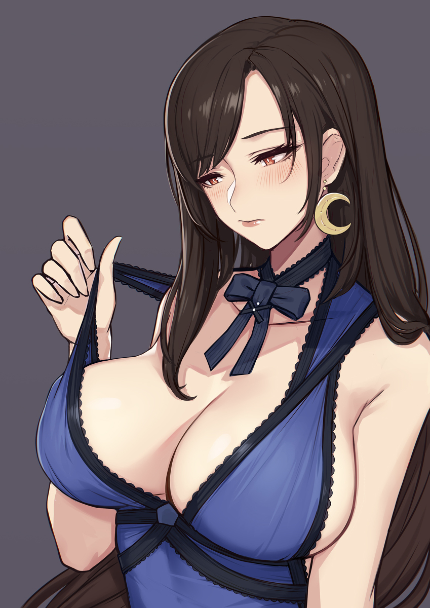 1girls alternate_costume armpit_crease bangs bare_shoulders big_breasts blue_dress blush bow breasts brown_hair bulging_breasts busty cleavage dress dress_pull earrings evan_yang female female_only final_fantasy final_fantasy_vii final_fantasy_vii_remake grey_background huge_breasts human human_only humanoid jewelry lace large_breasts long_hair looking_down necklace red_eyes seductive seductive_eyes seductive_look shy sideboob simple_background solo solo_female straight_hair strap_pull tifa_lockhart tight_clothing uncomfortable