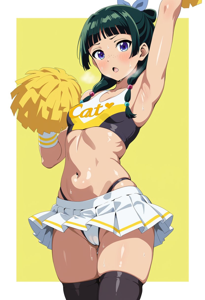 1girls, ai generated, arm behind head, arm up, armpits, bangs, black hair, black legwear, blue eyes, blunt bangs, blush, breasts, cheerleader, crop top, eyebrows visible through hair, female, female only, highleg, highleg panties, kusuriya no hitorigoto, long hair, looking at viewer, maomao (kusuriya no hitorigoto), midriff, navel, open mouth, panties, pom poms, ponytail, purple eyes, shiny, skindentation, skirt, sleeveless, small breasts, solo, standing, sweat, thigh gap, thighhighs, underwear, white skirt, yellow background