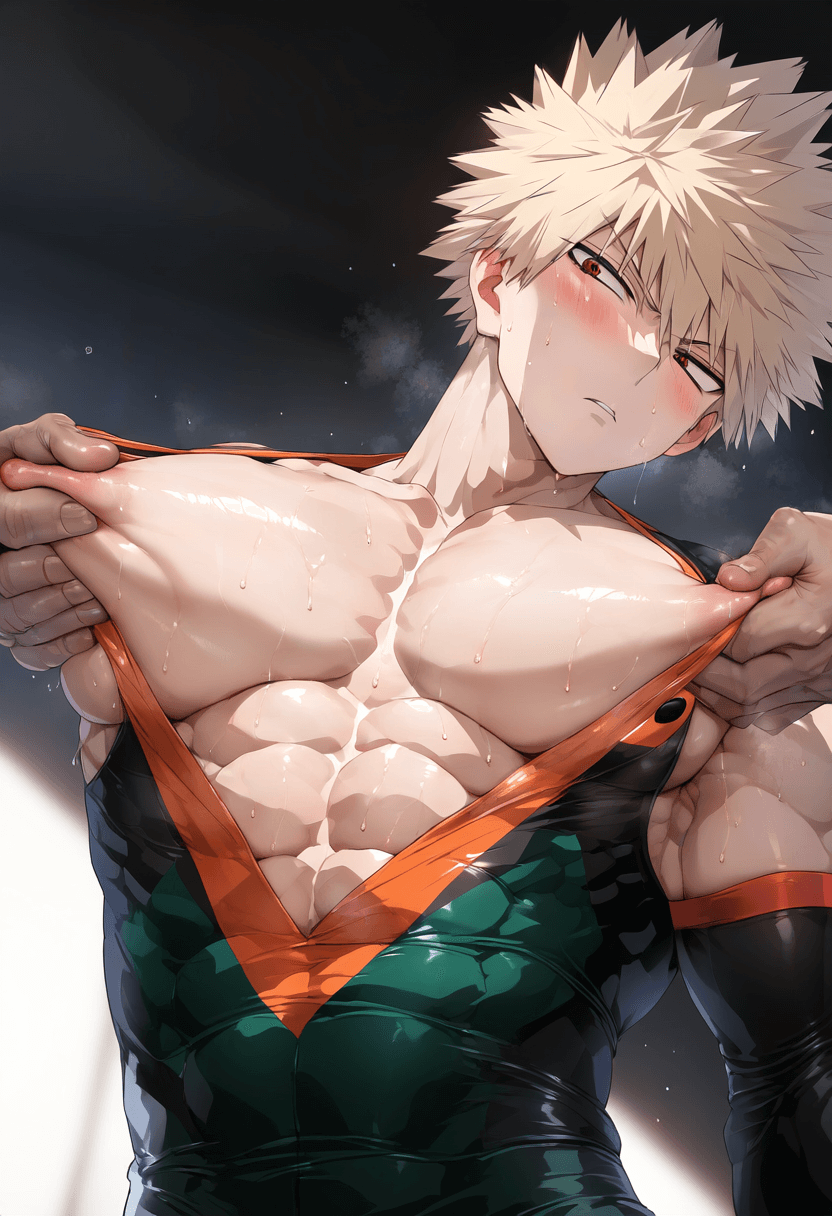 ai_generated aru_(pixiv1293902) blonde_hair blush captured_hero gay hero_outfit_(mha) katsuki_bakugou male male/male male_boobs male_focus male_only muscular muscular_male my_hero_academia nipple_play nipple_tweak nipples pecs pecs_grab pectorals red_eyes superhero superhero_costume tight_clothing touching_pecs yaoi