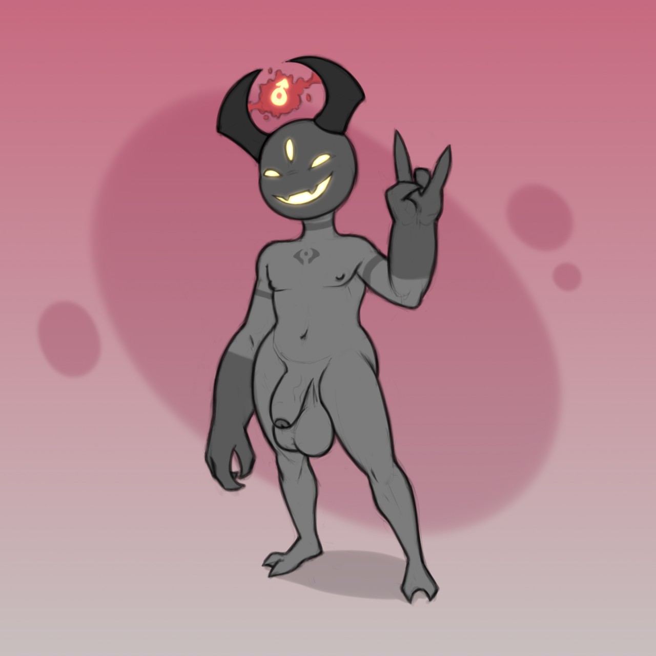 3 eyes, anthro, balls, balls bigger than penis, big balls, big balls small penis, foreskin, gender symbol, gerb (kostos art), glowing eyes, greeting, horns, imp, kostos art, looking at viewer, male, male only, multi eye, penis, small penis, smile, uncircumcised