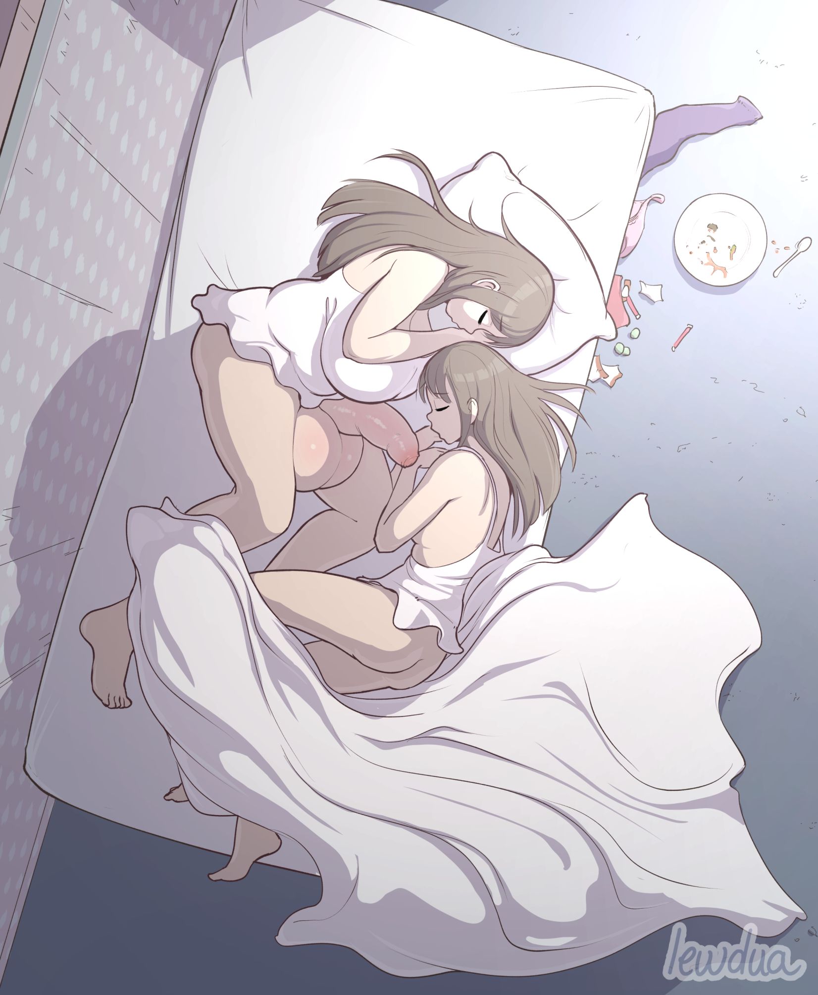 1futa, 1girls, balls, big breasts, big penis, breasts, cleavage, dickgirl, female, flaccid, full-package futa, futa with female, futanari, intersex, karen (lewdua), large breasts, lewdua, natasha (lewdua), original, penis, siblings, sisters, sleeping, testicles