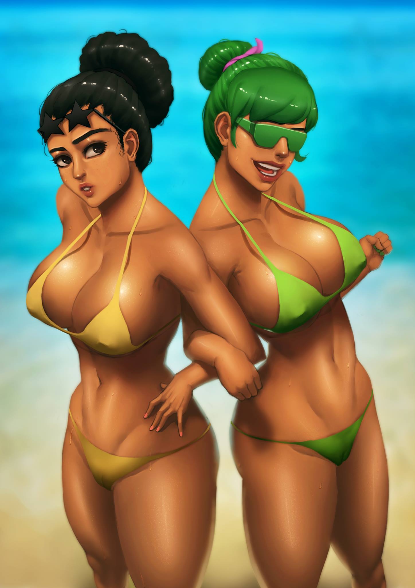 2girls akiru bet bikini black_hair black_skin breasts channel-tan curly_hair disney female green_hair swimsuit