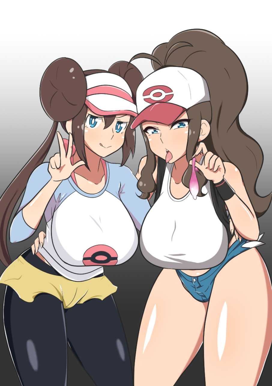 2girls, aged up, alternate breast size, ass, big ass, big breasts, big butt, black leggings, blue eyes, blush, breasts, brown hair, clothed, condom, condom balloon, cum, cum in condom, dd (artist), eye contact, female, female only, filled condom, half-closed eyes, hat, hilda (pokemon), hips, hotpants, huge ass, huge breasts, huge butt, human, large ass, large breasts, large butt, leggings, light skin, light-skinned female, long hair, looking at viewer, nintendo, pale skin, pale-skinned female, pantyhose, pokemon, pokemon bw, pokemon bw2, ponytail, rosa (pokemon), shirt, shorts, skirt, thick, thick ass, thick thighs, thigh gap, thighs, tongue, tongue out, twintails, used condom, wide hips