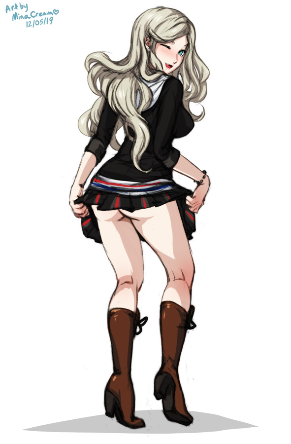 1girls, alternate hairstyle, ann takamaki, ass, blonde hair, boots, female, long hair, looking at viewer, looking back, minacream, persona, persona 5, school uniform, skirt, skirt lift, tagme, winking at viewer