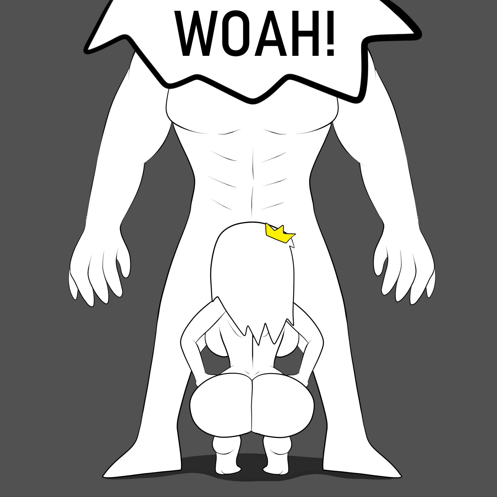 1boy, 1girls, 2020, 5 fingers, abs, ass, breasts, completely nude, crown, fellatio, female, height difference, implied fellatio, implied oral, kneeling, male, monochrome, near monochrome, nude, nude female, nude male, oral, scarecorrode, size difference, tabbes, taller male, text, youtube, youtuber