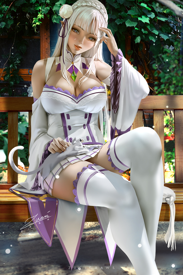 1girls, big breasts, breasts, cleavage, emilia (re:zero), female, female only, large breasts, looking at viewer, pinup, puck (re:zero), re:zero kara hajimeru isekai seikatsu, solo, thighhighs, zumi