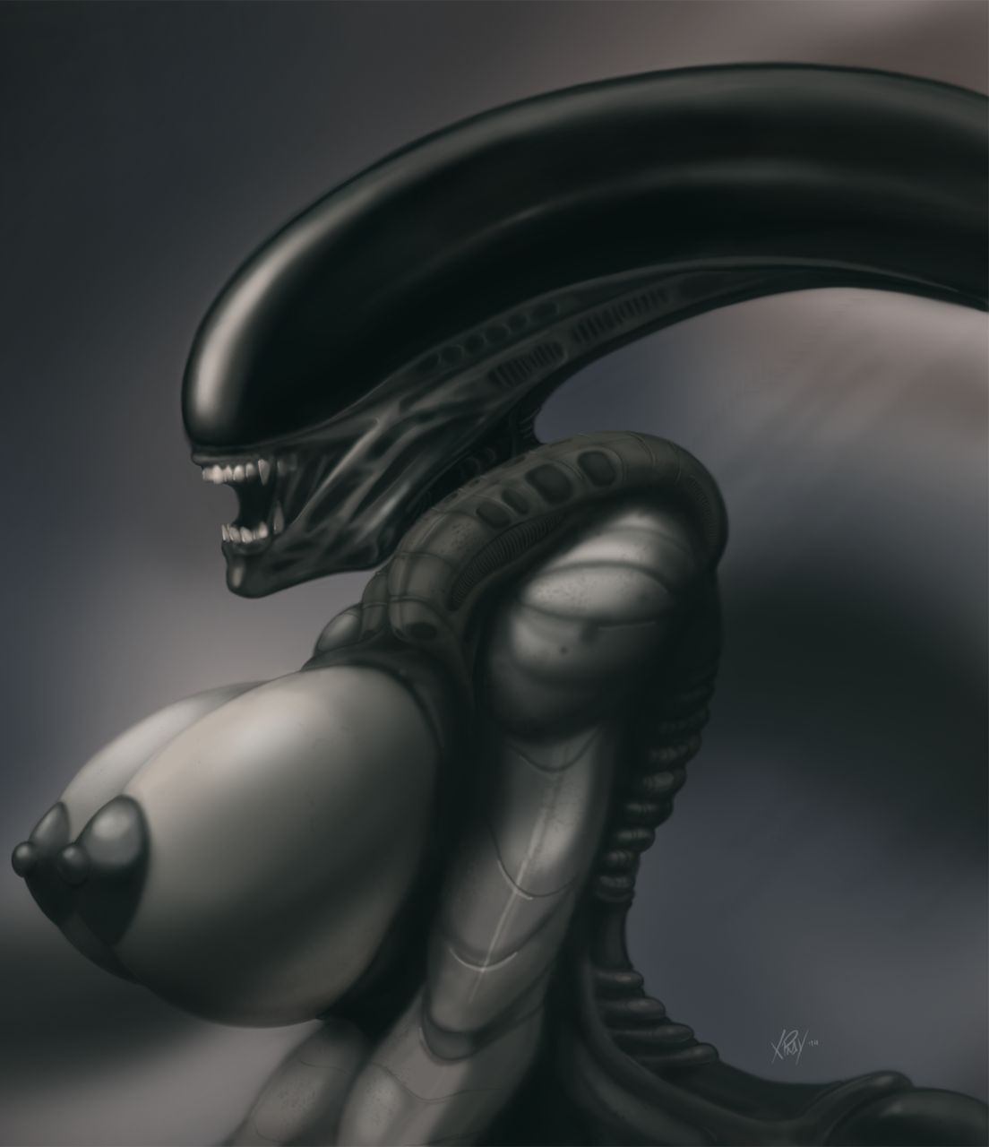 1girls, 2d, alien, alien (franchise), alien girl, big breasts, breasts, dark skin, exoskeleton, female, female focus, female only, female xenomorph, huge breasts, large breasts, monochrome, nipples, sci-fi, science fiction, scifi, solo, solo female, teeth, xenomorph, xpray