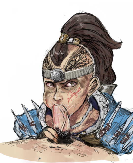 1girls blood_stain blowjob brown_eyes brown_hair clothed clothed_female clothing colored fellatio female for_honor long_hair looking_at_viewer male open_mouth oral penis ponytail shaman_(for_honor) tattoo unseen_male_face wrongnhoka