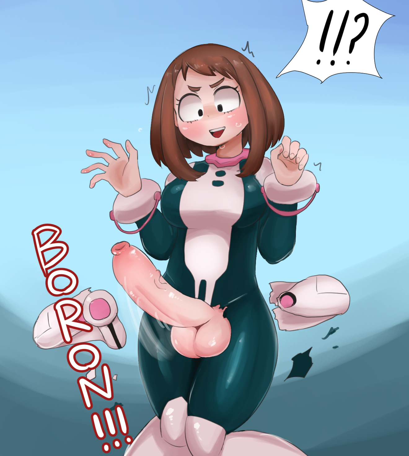 !, ?, 1futa, balls, ballsack, big balls, big breasts, big penis, bodysuit, breasts, brown hair, erect penis, female, foreskin, full-package futa, futa only, futanari, hands-free, hero outfit (mha), huge cock, human, intersex, light skin, light-skinned female, long foreskin, long penis, medium hair, musk, musk clouds, musky, musky cock, my hero academia, ochako uraraka, pale skin, pale-skinned female, penis, scrotum, shiny clothes, shounen jump, smell, smelly, smelly cock, solo, solo futa, steam, surprised, testicles, thick thighs, thighs, torn clothing, uncircumcised, uncut, unretracted foreskin, vein, veiny penis, zkky
