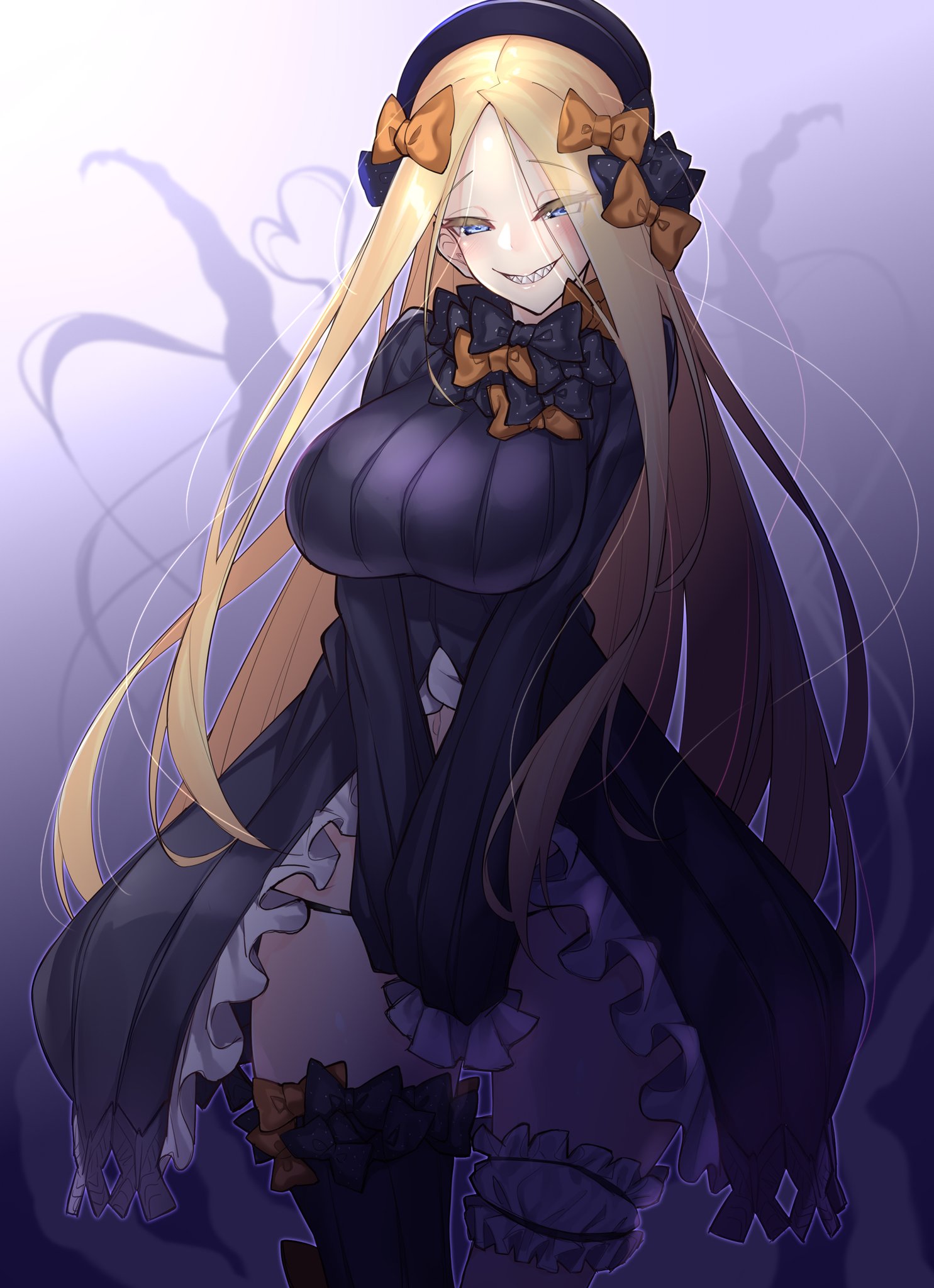abigail williams (fate/grand order), aged up, big breasts, blonde hair, blue eyes, breasts, fangs, fate (series), fate/grand order, female, grin, hair ornament, hairbow, hat, light skin, light-skinned female, long hair, looking at viewer, mismatched legwear, pale skin, pale-skinned female, sharp teeth, thighhighs, thighs, watosu (watosu mama)