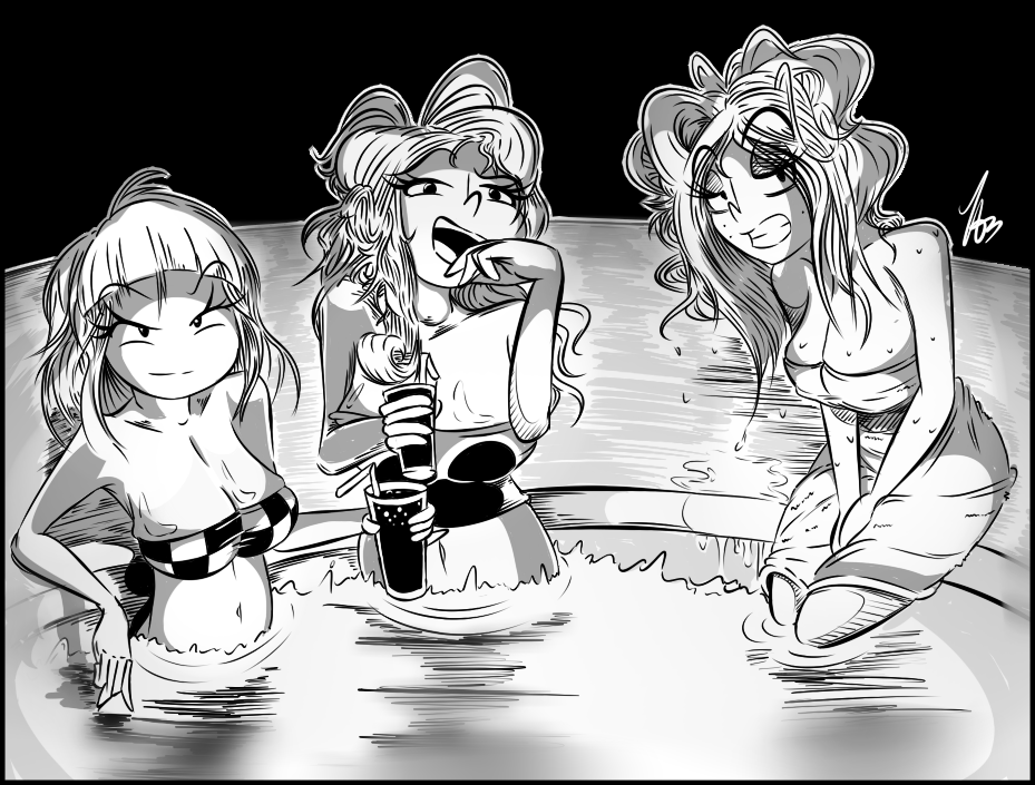 3girls bathing bathing_suit breasts channel-tan cola female loose_hair towel wet_clothes wet_hair