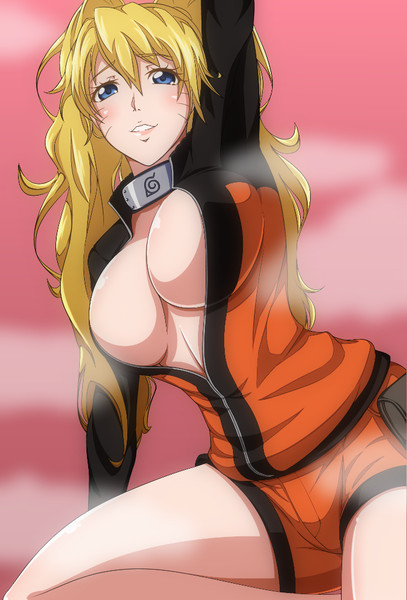 1girls blonde_hair blue_eyes blush canon_genderswap curvy female female_only genderswap hands_up igatto large_breasts looking_at_viewer naruko naruto naruto_shippuden rule_63 sexy_no_jutsu smile solo uzumaki_naruto