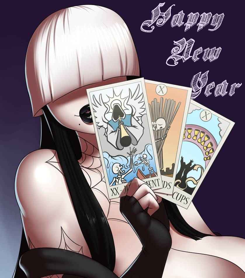 1girls bangs big_breasts black_dress black_gloves black_hair black_lipstick cards cobwebs covered_eyes dark_makeup fingerless_gloves goth gothmom hair_over_eyes happy_new_year huge_breasts judgement_(tarot) marauder6272 milf one_eye_covered smile tarot tarot_card ten_of_cups ten_of_swords white_hair