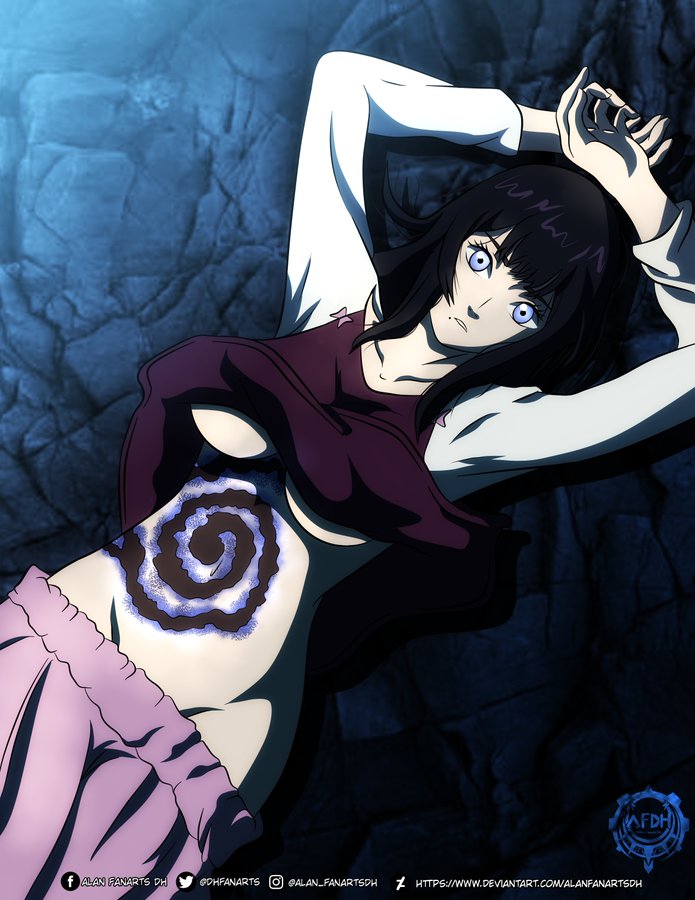 1girls arms_up beauty_mark black_clover black_hair blue_eyes curse curse_mark laying_on_back looking_at_viewer loropechika on_back shirt shirt_lift shirt_up underboob