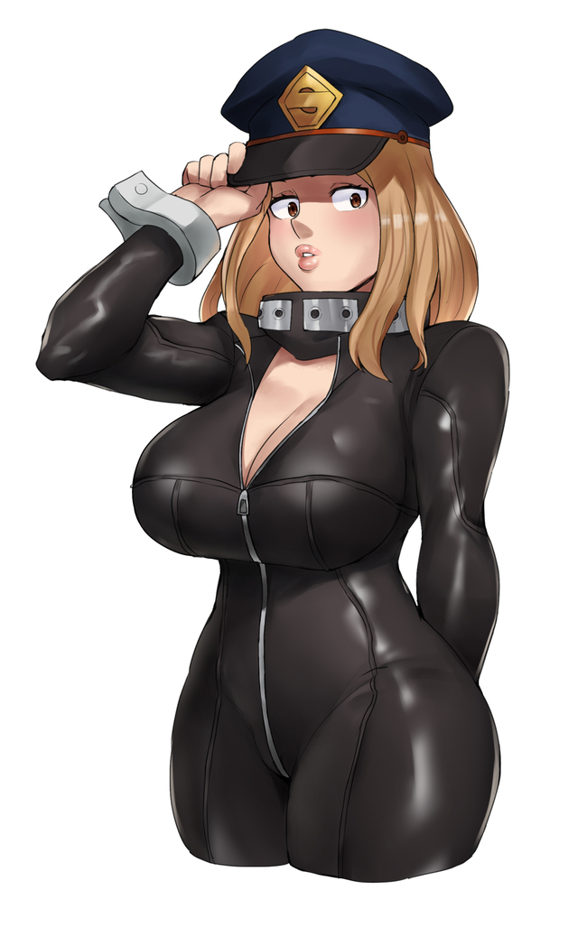 1girls, about to burst, barely contained, barely contained breasts, barely fits, big breasts, blonde hair, blonde-haired female, bodysuit, breasts, breasts too big, bursting breasts, camie utsushimi, cleavage, ethan69 (artist), female, female only, hero outfit (mha), imminent wardrobe malfunction, my hero academia, shiketsu high school cap, solo, strained zipper, straining clothing, thick thighs, tight fit, tight suit, tight supersuit, too tight, undersized clothes, undersized clothing, white background, wrist cuffs, zipper pull tab