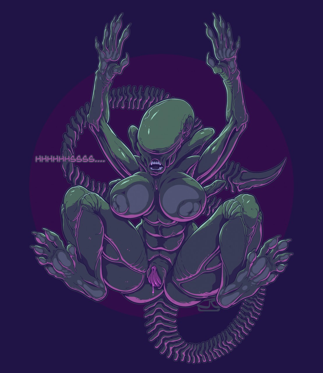 1girls, 2d, alien (franchise), alien girl, big breasts, breasts, female, female only, female xenomorph, inverted nipples, open mouth, pussy, sci-fi, solo, solo female, tail, xenomorph