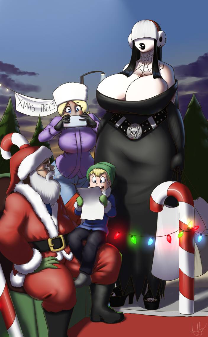 2boys 2girls bangs big_breasts black_dress black_gloves black_hair black_lipstick candy_cane christmas christmas_lights cobwebs covered_eyes dark_makeup deviantart earmuffs fingerless_gloves goth gothmom hair_over_eyes huge_breasts larger_female marauder6272 milf one_eye_covered pale_skin prepwife santa_claus size_difference smaller_male thick_thighs white_hair wide_hips wife