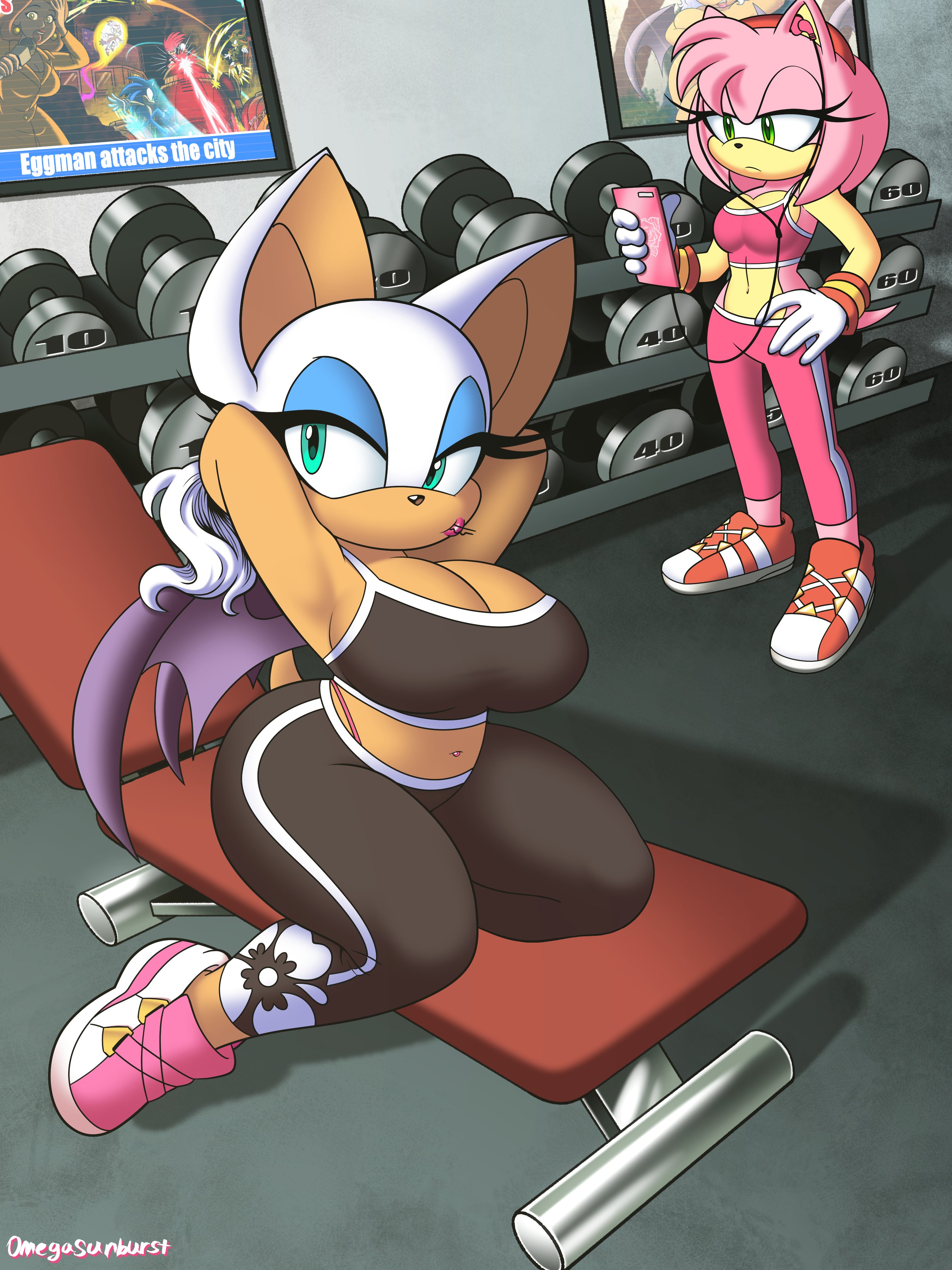 3girls, amy rose, armpits, armwear, bat, bat wings, big breasts, bimbo, blaze the cat, blue eyeshadow, breasts, cleavage, clothing, earphones, female, footwear, gloves, gym, handwear, hi res, highres, knuckles the echidna, omegasunburst, phone, pink fur, rouge the bat, rouge the rider, sega, shadow the hedgehog, shoes, shortstack, socks, sonic (series), sonic forces, sonic riders, sonic the hedgehog, sports bra, sportswear, tan, white hair, wings, workout, yoga pants