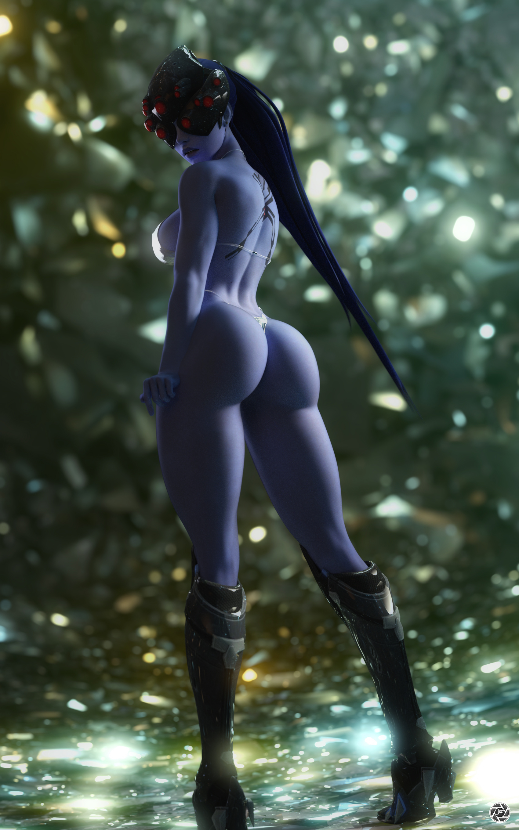 1girls, 3d, amelie lacroix, arched back, ass, big ass, big breasts, bikini, blizzard entertainment, boots, breasts, daz studio, daz3d, female, female only, glasses, lingerie, looking at viewer, looking back, noahgraphicz, overwatch, panties, purple skin, solo, solo female, standing, thick thighs, thong, thong bikini, underwear, water, widowmaker