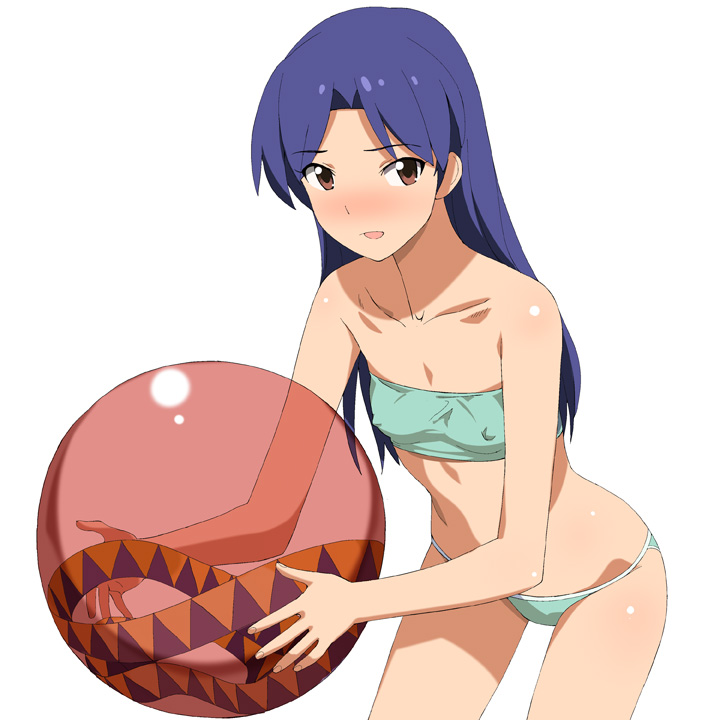 1girls 2013 a1 ball bandana bandeau bare_shoulders battle_tendency beach_ball bikini blue_hair blush breasts brown_eyes crossover erect_nipples eyebrows_visible_through_hair female female_only headband holding idolmaster jojo's_bizarre_adventure kisaragi_chihaya leaning_forward long_hair looking_at_viewer nipple_bulge open_mouth simple_background small_breasts solo spoilers standing swimsuit thighs white_background