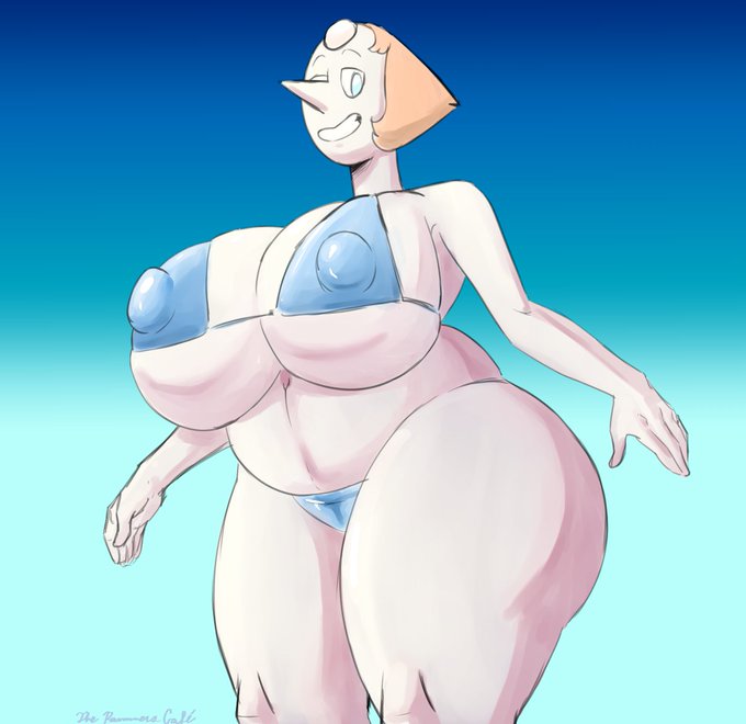 big breasts, bikini, blue eyes, breasts, chubby, female, gem (species), mature female, orange hair, pearl (steven universe), pointy nose, smile, steven universe, therammerscafe, thick thighs, white skin, wide hips