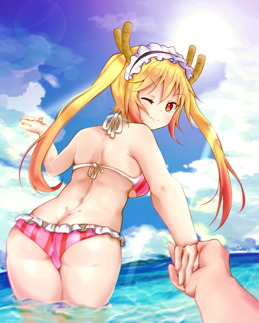 2girls :3 back_view backboob bikini bikini_bottom blue_sky cloud cloudy_sky dragon dragon_girl female_only highres holding_hands ibukikun long_twintails maid_headdress miss_kobayashi's_dragon_maid multiple_girls ocean pink_bikini pov sky slit_pupils striped swimsuit tohru_(dragon_maid) twintails vertical-striped_bikini vertical_stripes water