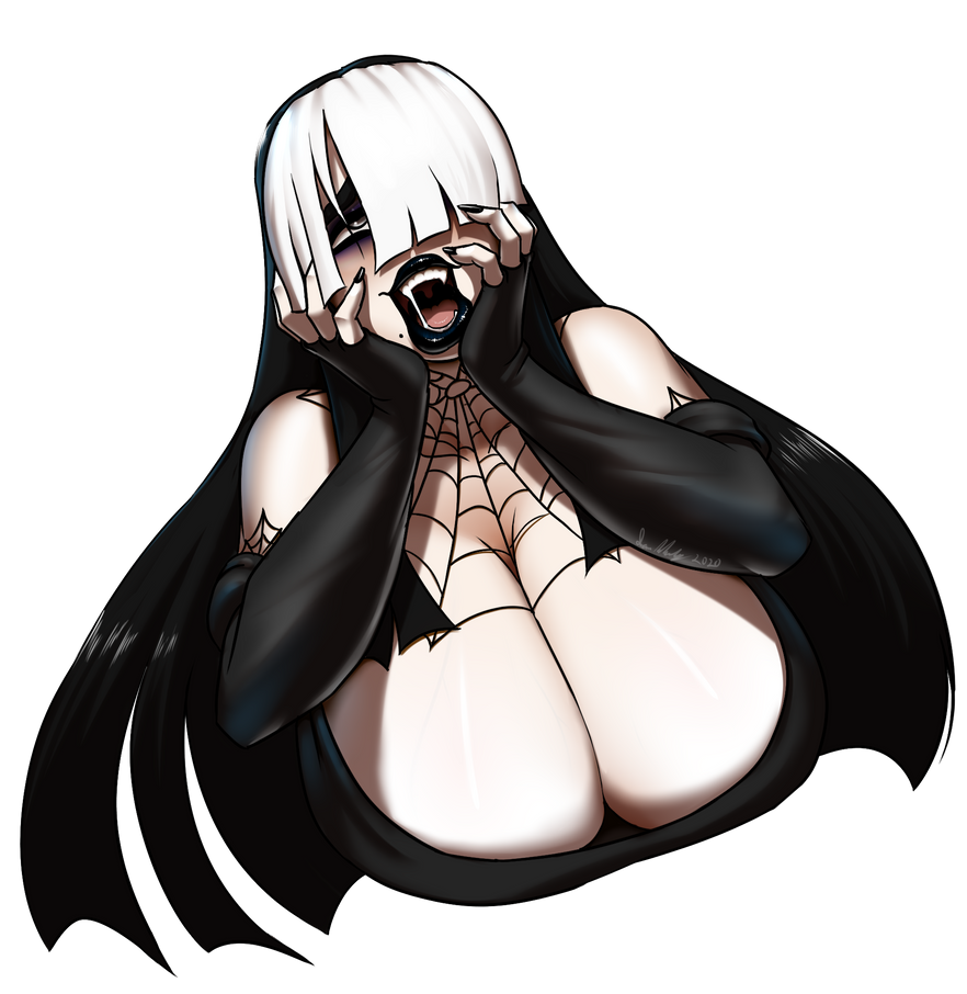 1girls ahe_gao bangs big_breasts black_dress black_gloves black_hair black_lipstick cobwebs covered_eyes dark_makeup fingerless_gloves goth gothmom huge_breasts marauder6272 one_eye_covered open_mouth white_hair