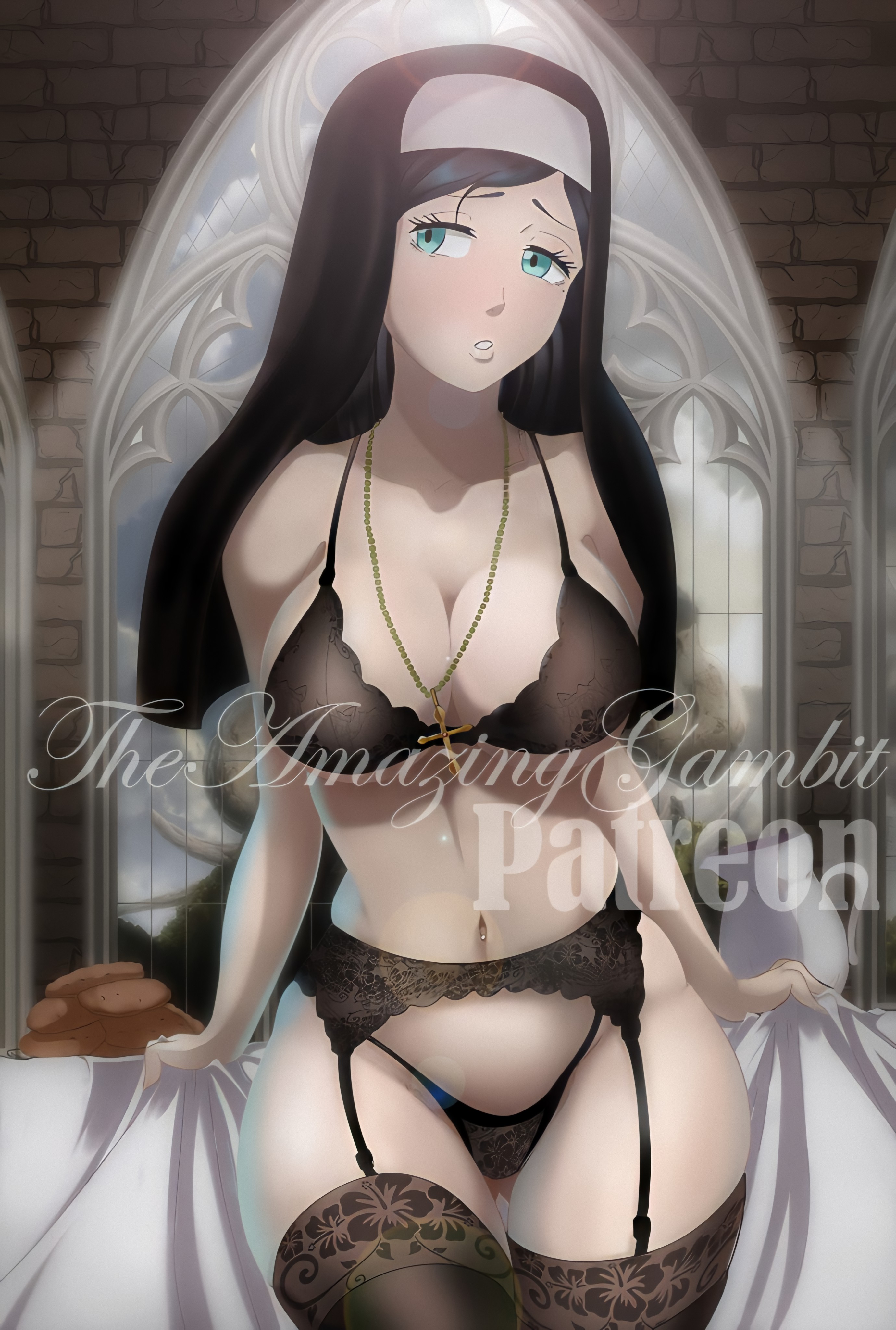 1girls, big breasts, black bra, black clover, black hair, black panties, blue eyes, bra, breasts, busty, child bearing hips, cleavage, cross necklace, female, female human, garter belt, garter straps, human, large breasts, light skin, lily aquaria, lingerie, lingerie only, navel, navel piercing, nun, panties, partially clothed, pose, posing, sensual, sexy, sexy pose, shounen jump, small panties, solo, the amazing gambit, thick hips, thick thighs, voluptuous