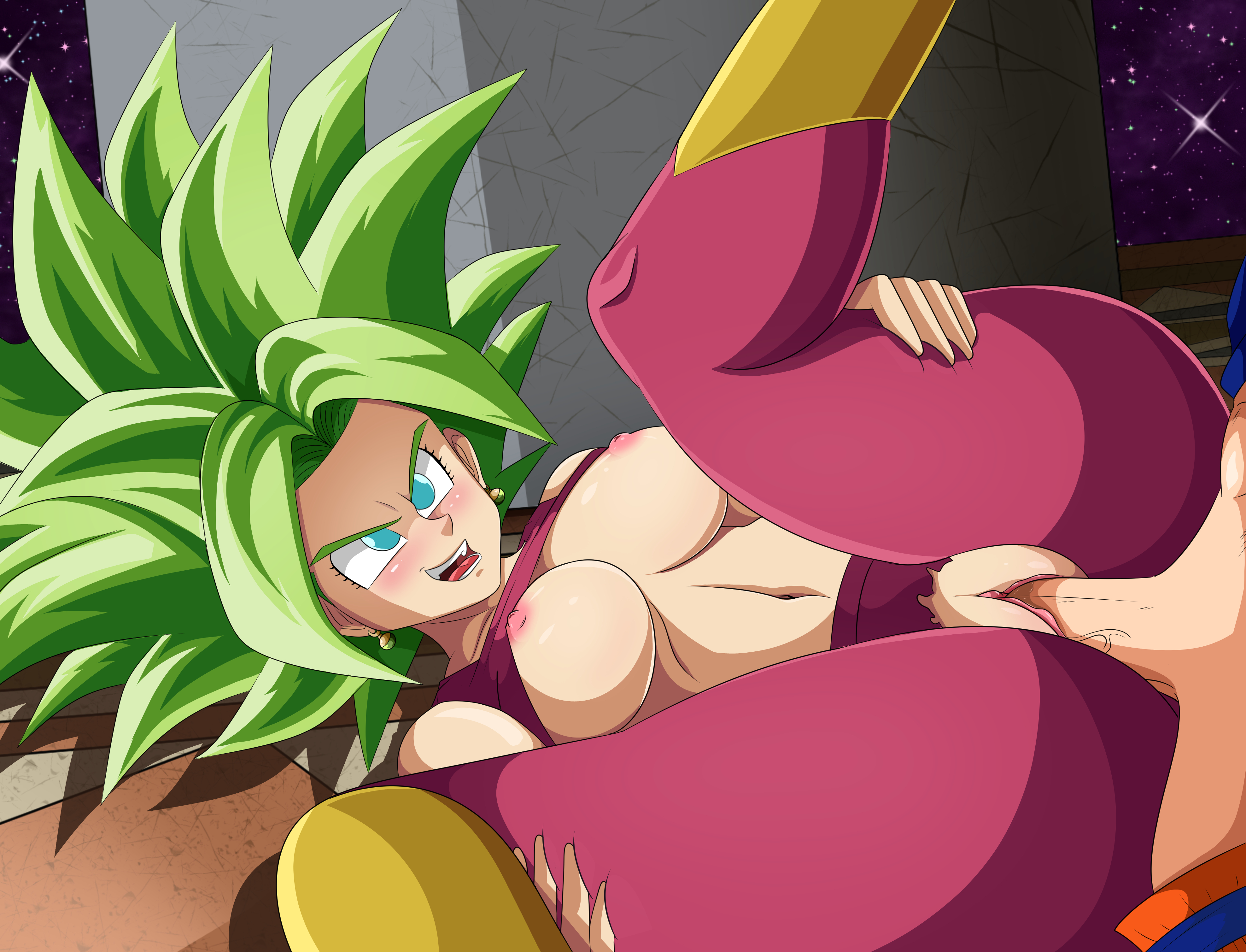 1boy, 1girls, big breasts, blue eyes, boots, breasts, dragon ball, dragon ball super, female, fusion, green hair, kefla, legendary super saiyan, male, missionary position, nipples, saiyan, sex, shounen jump, son goku, sonson-sensei, spiked hair, spiky hair, straight, super saiyan, super saiyan 2, universe 6 saiyan/universe 7 saiyan