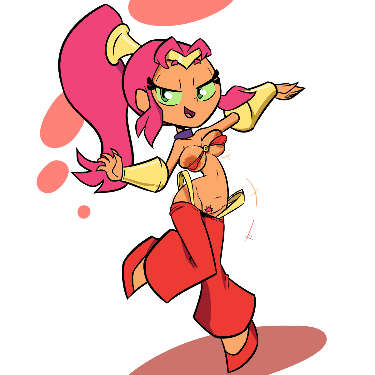 1girls, areola slip, areolae, cosplay, dc, dc comics, female, female only, koriand'r, large areolae, pubic hair, shantae, shantae (character), shantae (cosplay), smile, smooth skin, solo, starfire, starfire (teen titans go!), teen titans, teen titans go