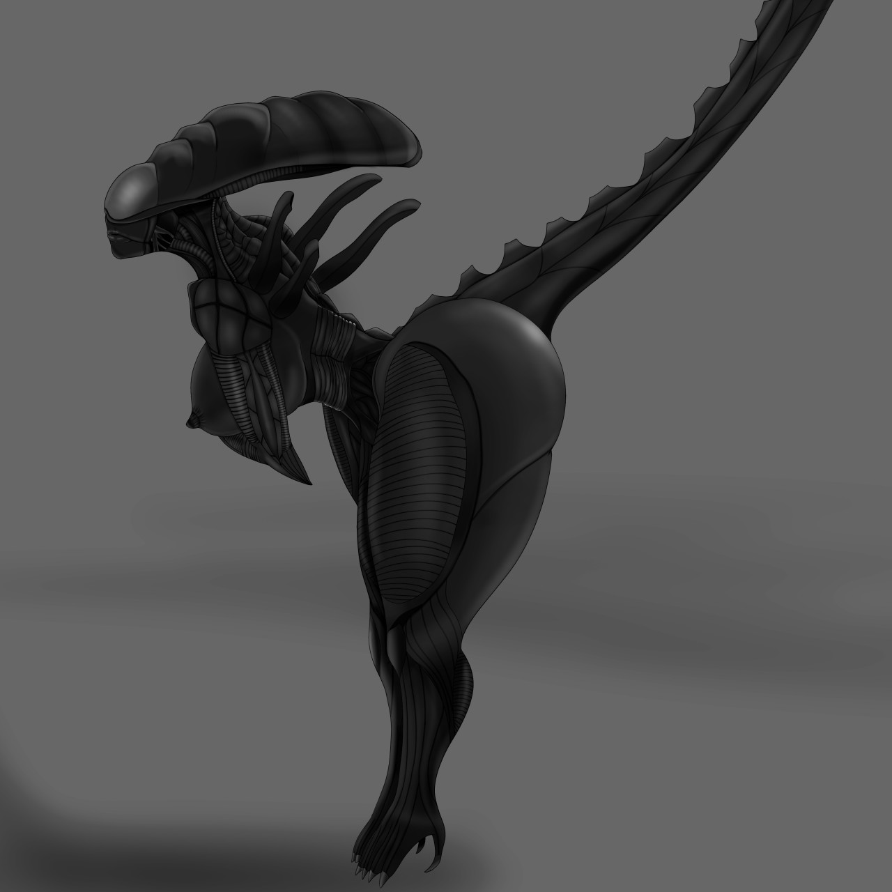 1girls, 2d, alien (franchise), alien girl, ass, big ass, big breasts, big nipples, breasts, dark skin, dark-skinned female, exoskeleton, female, female only, female xenomorph, gloves, lips, monochrome, nipples, sci-fi, solo, solo female, tail, xenomorph