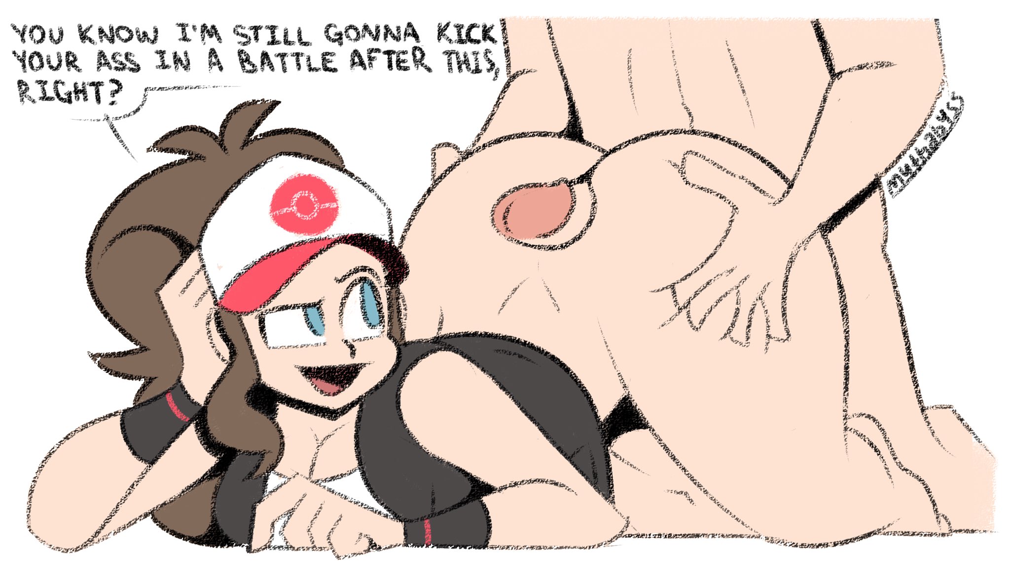 1boy, 1girls, aged up, arrogant, ass, ass grab, assjob, bending over, bent over, big ass, blue eyes, breasts, brown hair, buttjob, cap, cleavage, clothed, clothes, clothing, covered assjob, covered buttjob, cute, faceless male, female, funny, hat, hilda (pokemon), hot dogging, hotdogging, huge ass, human, large breasts, looking back, male, mouth, mythabyss, nintendo, outercourse, pokemon, pokemon bw, ponytail, shirt, simple background, smile, smug, straight, talking, text, thick thighs, tongue, vest, watermark, white background, white shirt, wide hips