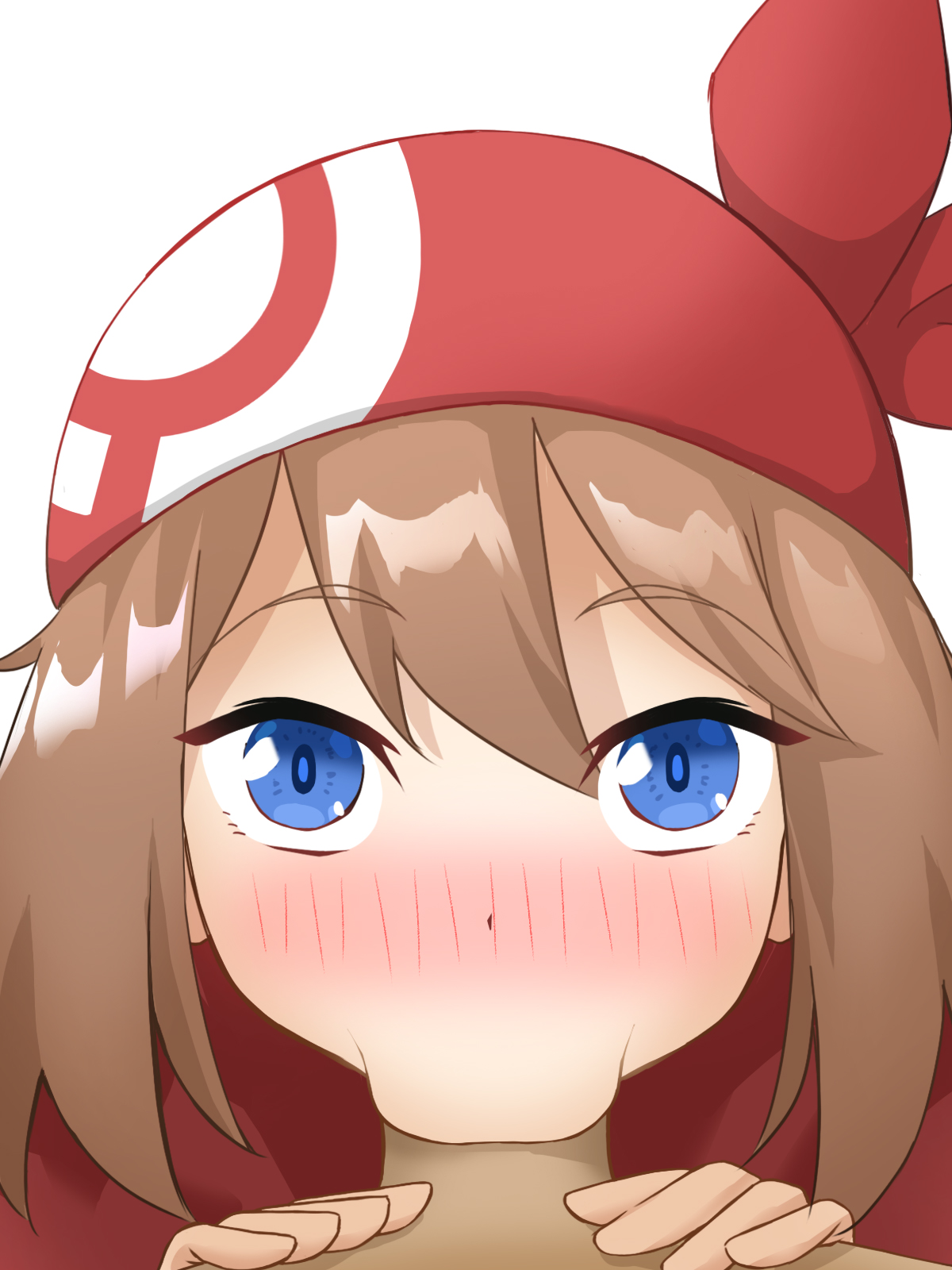 :>=, 1boy, 1girls, blue eyes, blush, brown hair, clothed female nude male, cute, dark skin, dark-skinned male, deepthroat, eye contact, fellatio, female, human, light skin, light-skinned female, looking at viewer, male, male pov, may (pokemon), medium hair, nintendo, oral, pale skin, pale-skinned female, pemoyashi (tianoblue), pokemon, pokemon rse, pov, shiny skin, teenager