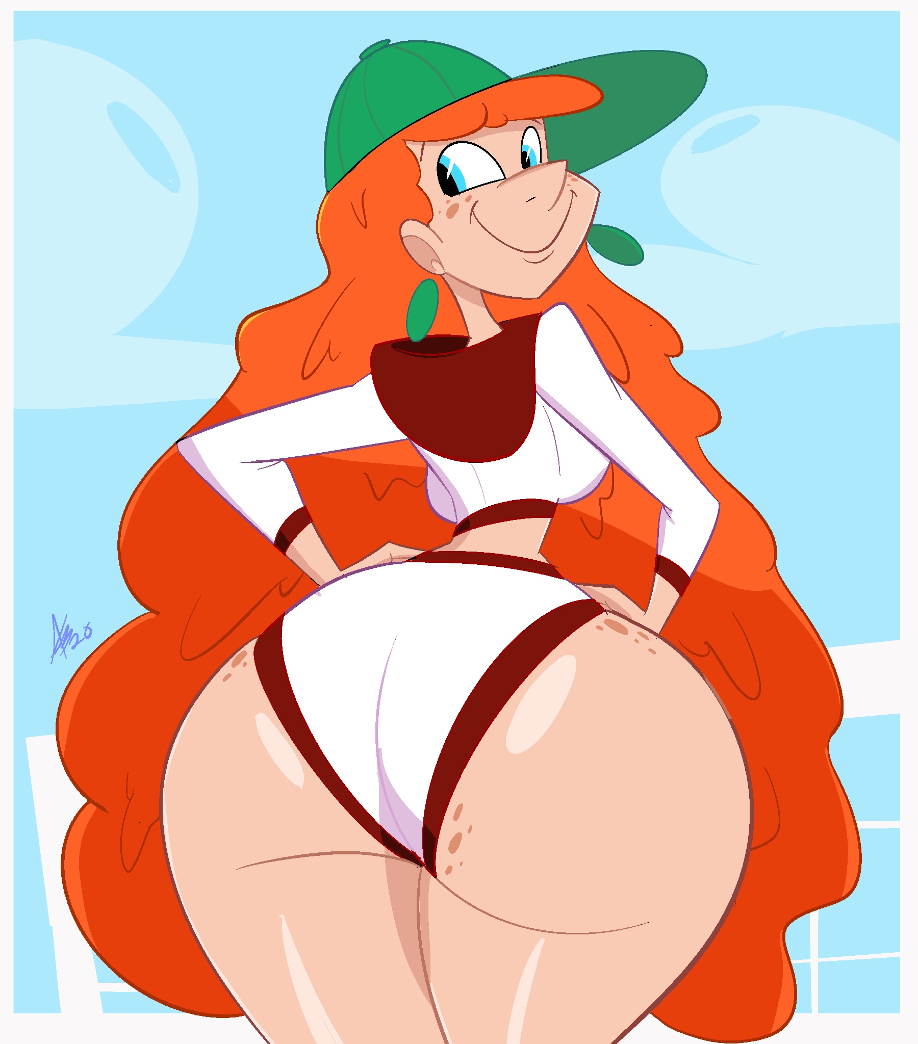 ass, atomickingboo, big ass, big butt, blue eyes, bottom heavy, breasts, bubble ass, bubble butt, cartoon network, cosplay, curly hair, curvaceous, curvy, curvy figure, disney, earrings, fat ass, female, freckled skin, hands on hip, hat, huge ass, inner workings, kate (inner workings), large ass, looking at viewer, narrow shoulders, pe teacher (robotboy), pe teacher (robotboy) (cosplay), red hair, robotboy, seductive, shorts, smile, smiling, thick ass, thick legs, thick thighs, thin arms, thin waist, voluptuous, wide hips