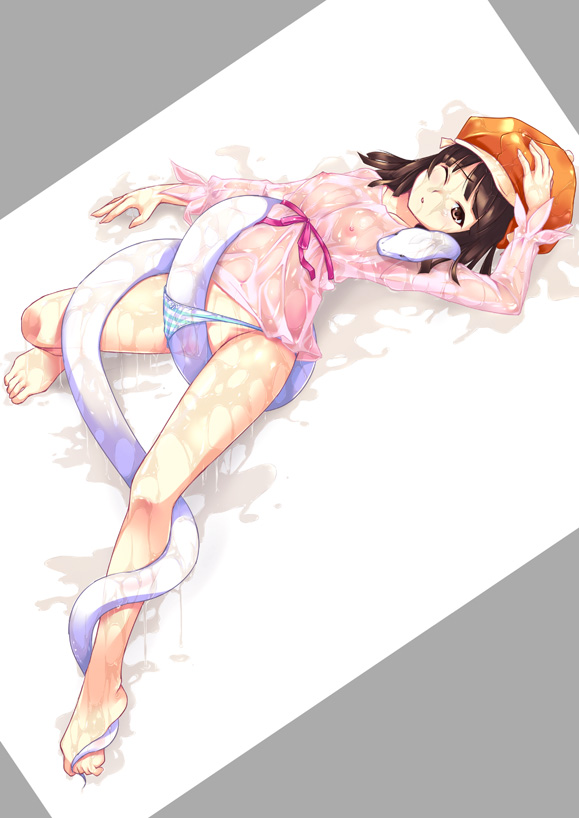 bakemonogatari barefoot brown_hair cabbie_hat flat_chest hat legs monogatari_(series) niko niko_(azurite) panties panty_pull pointy_chin see-through sengoku_nadeko short_hair snake striped_panties underwear wince wink