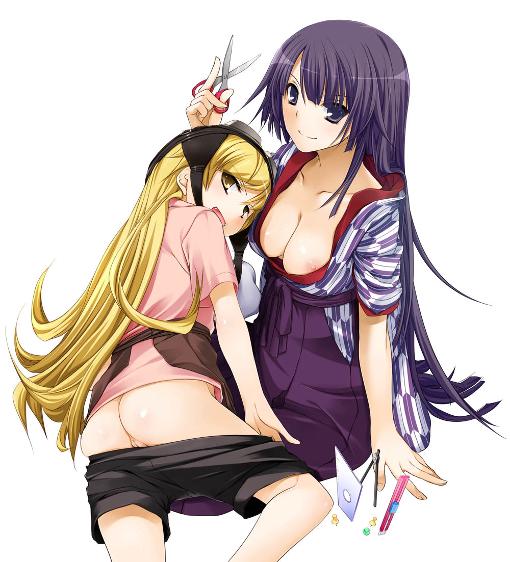 2girls ass bakemonogatari bashamichi blonde_hair breasts cleavage down_blouse fangs goggles hakama hat japanese_clothes kimono long_hair looking_back monogatari_(series) multiple_girls nakajima_yuka nipple_slip nipples no_bra no_panties open_mouth oshino_shinobu purple_eyes purple_hair pussy scissors senjougahara_hitagi shorts shorts_pull sitting smile uncensored undressing very_long_hair yagasuri yellow_eyes