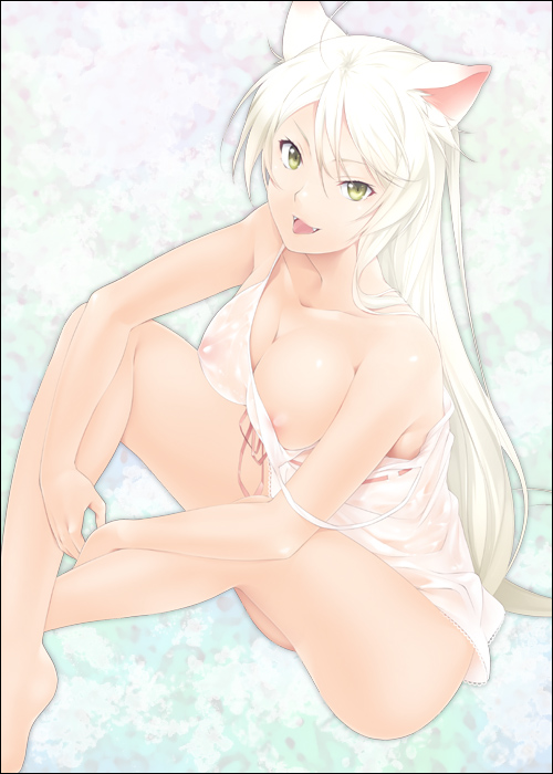 animal_ears bakemonogatari bare_shoulders barefoot black_hanekawa breasts cat_ears cleavage down_blouse fangs female hands hanekawa_tsubasa long_hair mizuki_makoto monogatari_(series) nipple_slip nipples pointy_chin see-through sitting solo strap_slip white_hair yellow_eyes