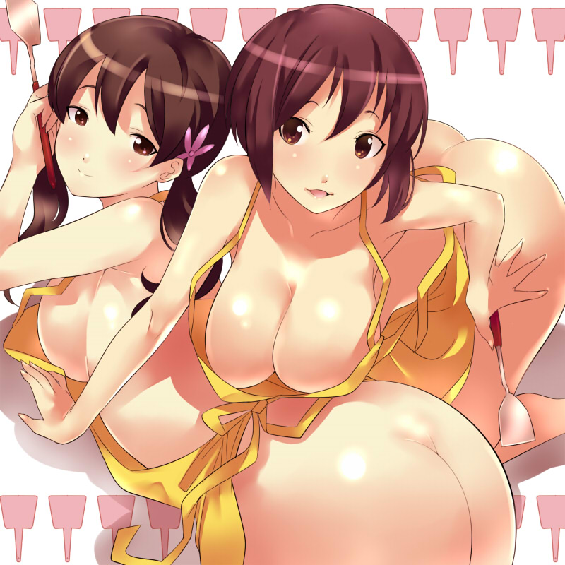 2girls all_fours apron ass bare_shoulders breasts brown_hair cleavage curvy female female_only flower hair_flower hair_ornament human human_only k-on! kimura_fumie_(k-on!) large_breasts long_hair multiple_females multiple_girls naked_apron no_panties pointy_chin sakurai_natsuka_(k-on!) short_hair spatula tied_hair twintails yoshiron