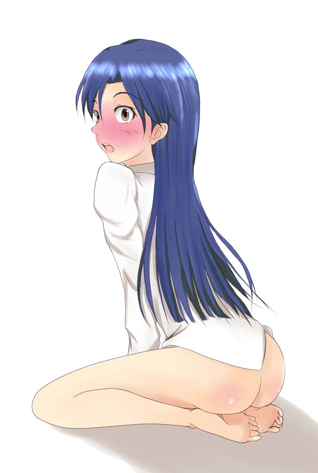 ass barefoot blue_hair blush bottomless chihaya_kisaragi feet idolmaster kisaragi_chihaya long_hair seiza sitting solo willwind30