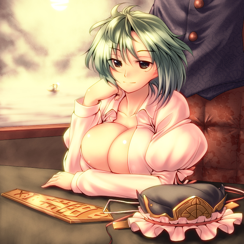 1girls areolae arm_support boat breast_rest breasts cleavage eiki_shiki female green_eyes green_hair hat huge_breasts komachi_onozuka open_clothes open_shirt rod_of_remorse scythe shirt short_hair sitting smile solo touhou tro